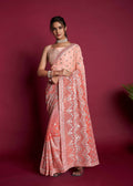 Vamsee Peach & White Georgette Designer Saree