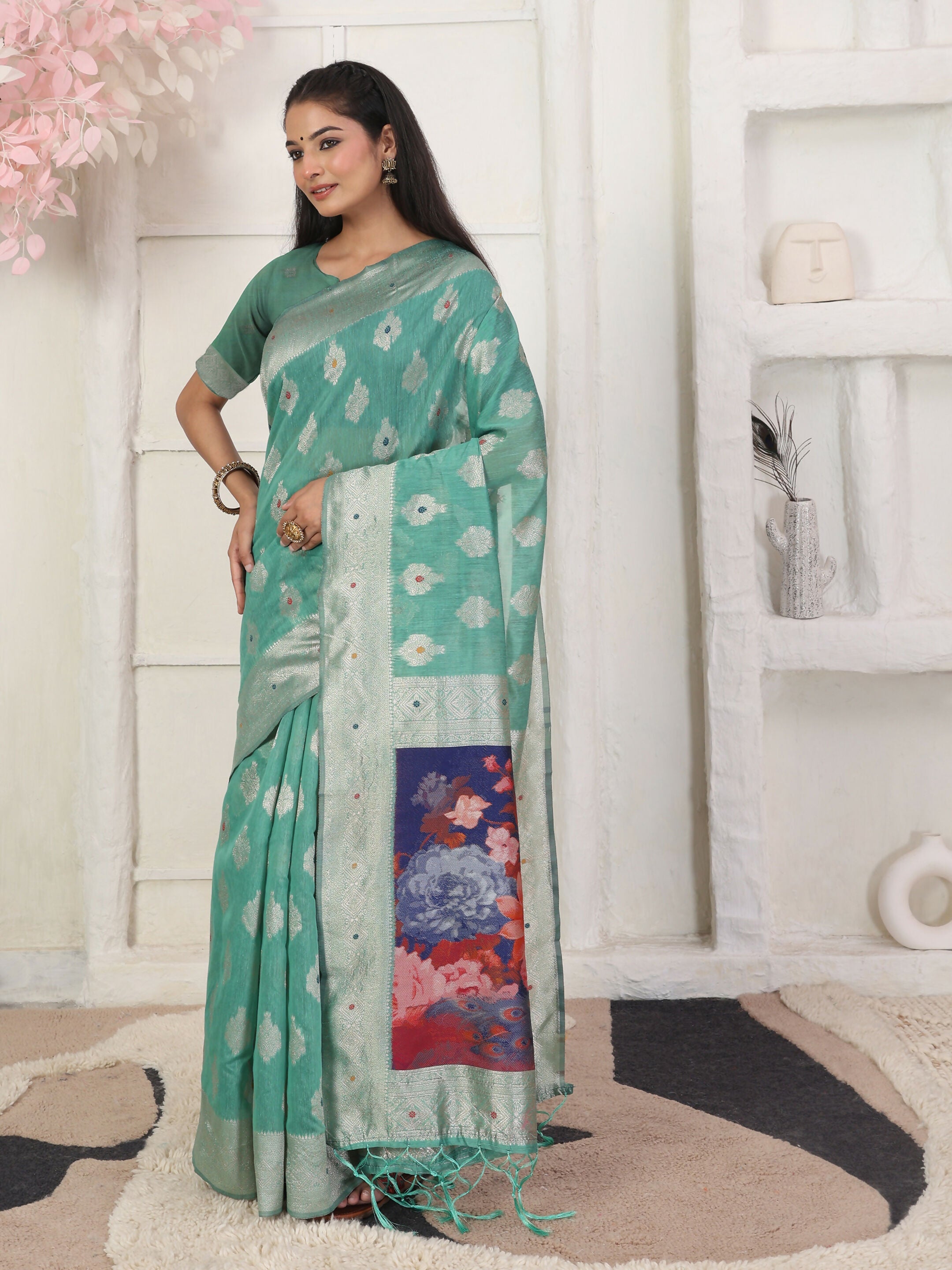 Shree Shyam Fashion Linen Cotton Rama Green Saree