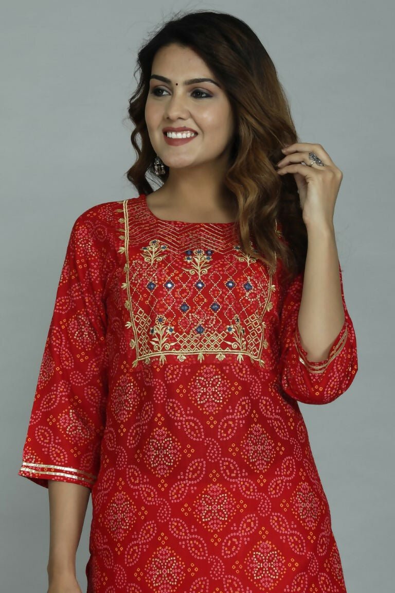 Alvano Printed Stylish A-line Kurti with Sharara set for Women and Girls Rayon (Orange)