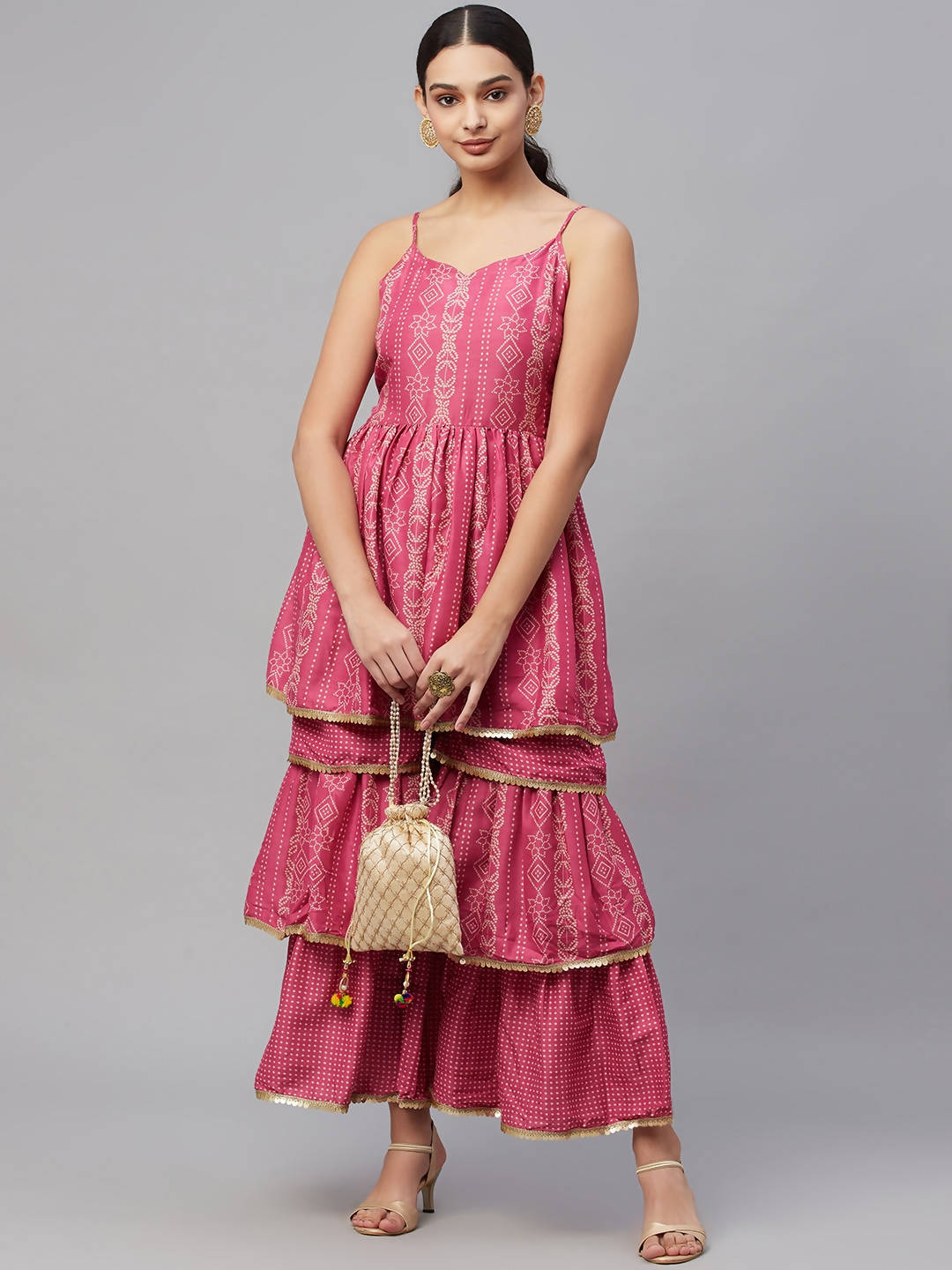 Myshka Pink Printed Sleeveless V Kurti Sharara Set