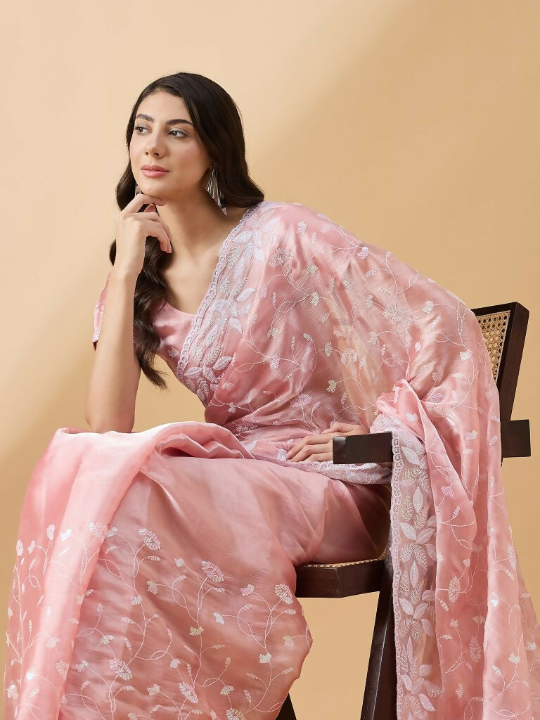 Peach Tissue Slub Embroidered Saree with Unstitched Blouse - Vairagi