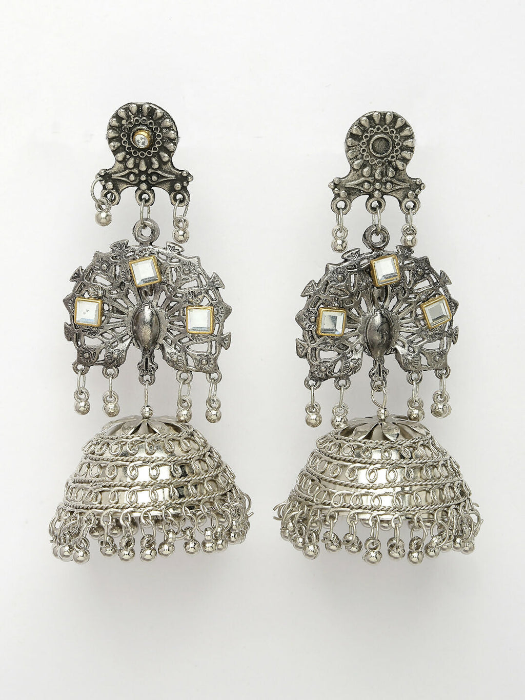 NVR Women's Silver Plated Mirror Work Oxidised Contemporary Jhumka Earrings