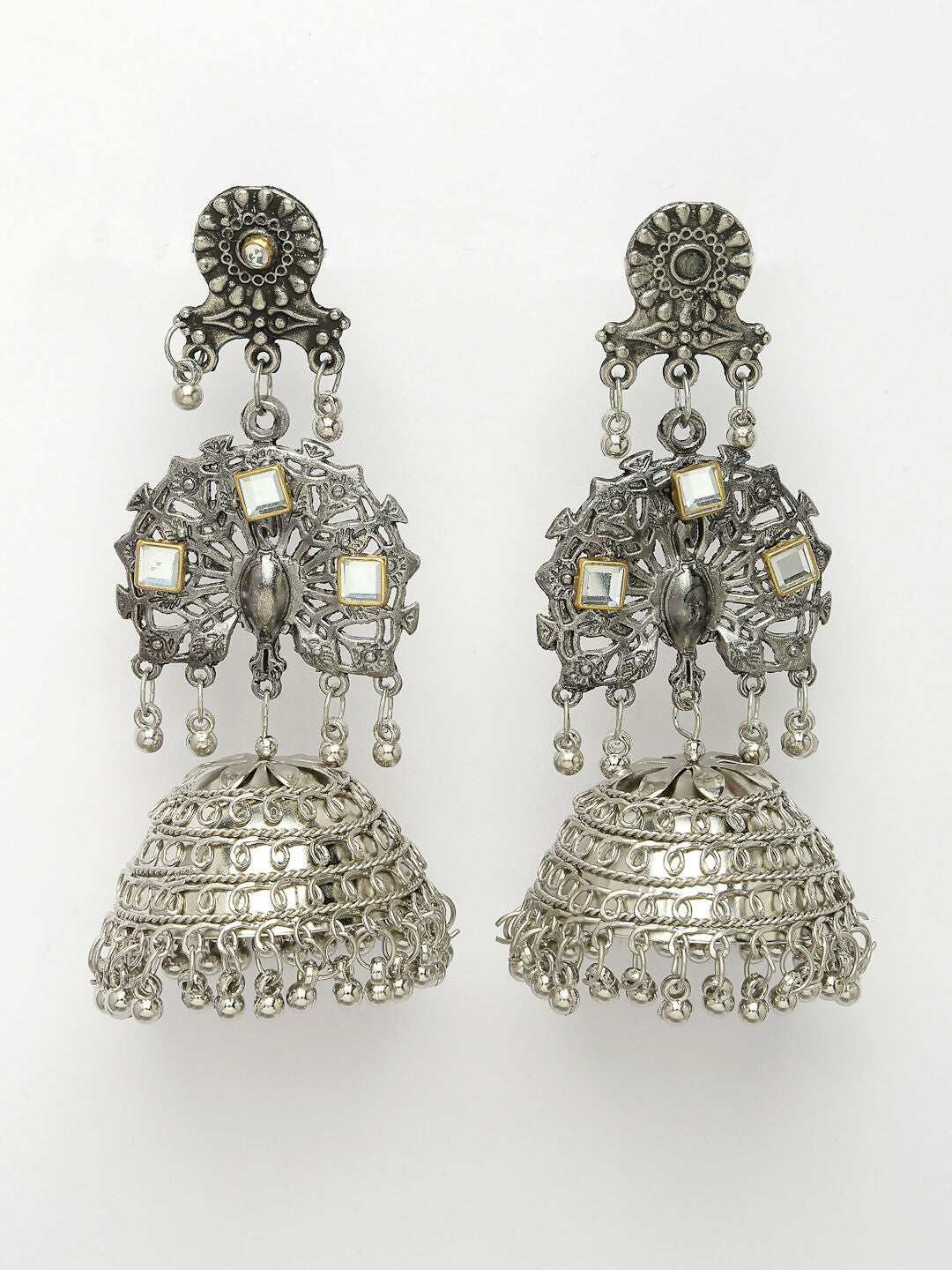 NVR Women's Silver Plated Mirror Work Oxidised Contemporary Jhumka Earrings