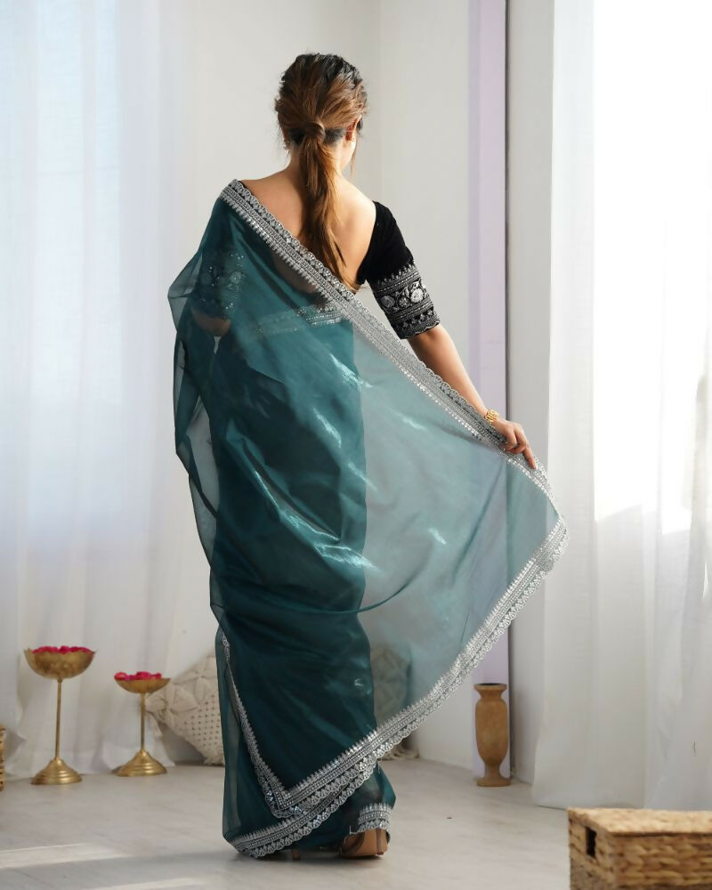 Attrctive Looking Gold Jari, Sequance Embroidery Work Twill Net Party Wear Saree - Rama