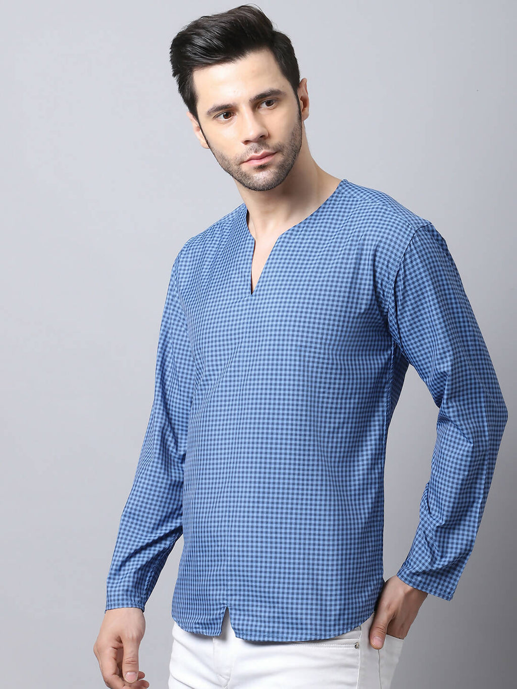 Even Apparels Blue Checked Men's Kurta With Band Collar