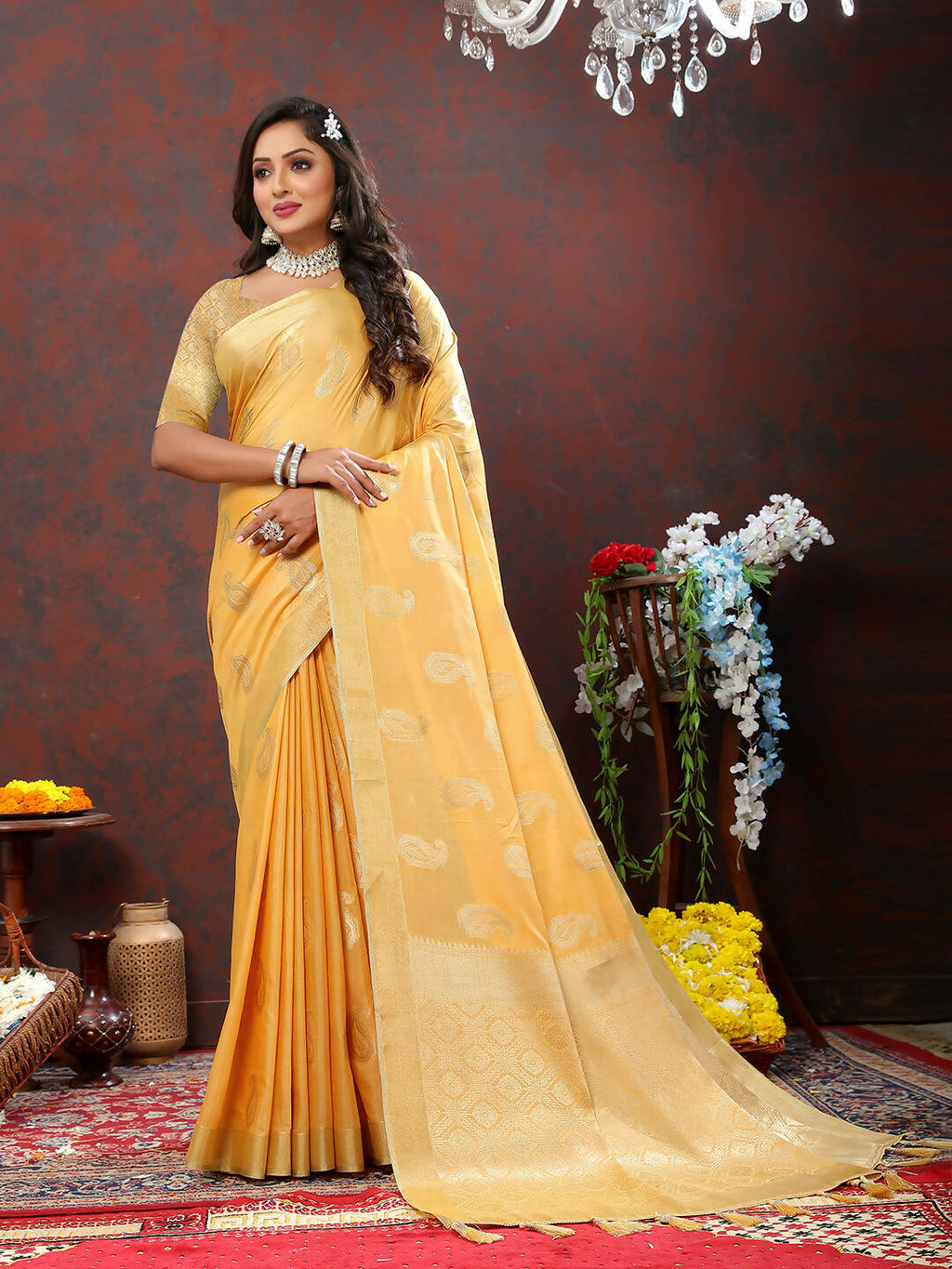 Lorenvalley Fashion Gold Cotton Woven Design with Zari Weaving Design Saree