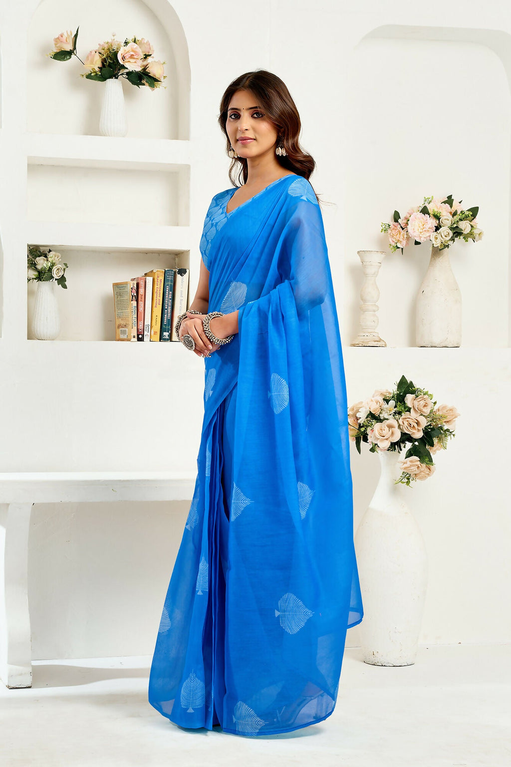 Vastranavya Blue Digital Printed Linen Ready To Wear Designer Saree with Unstitched Blouse