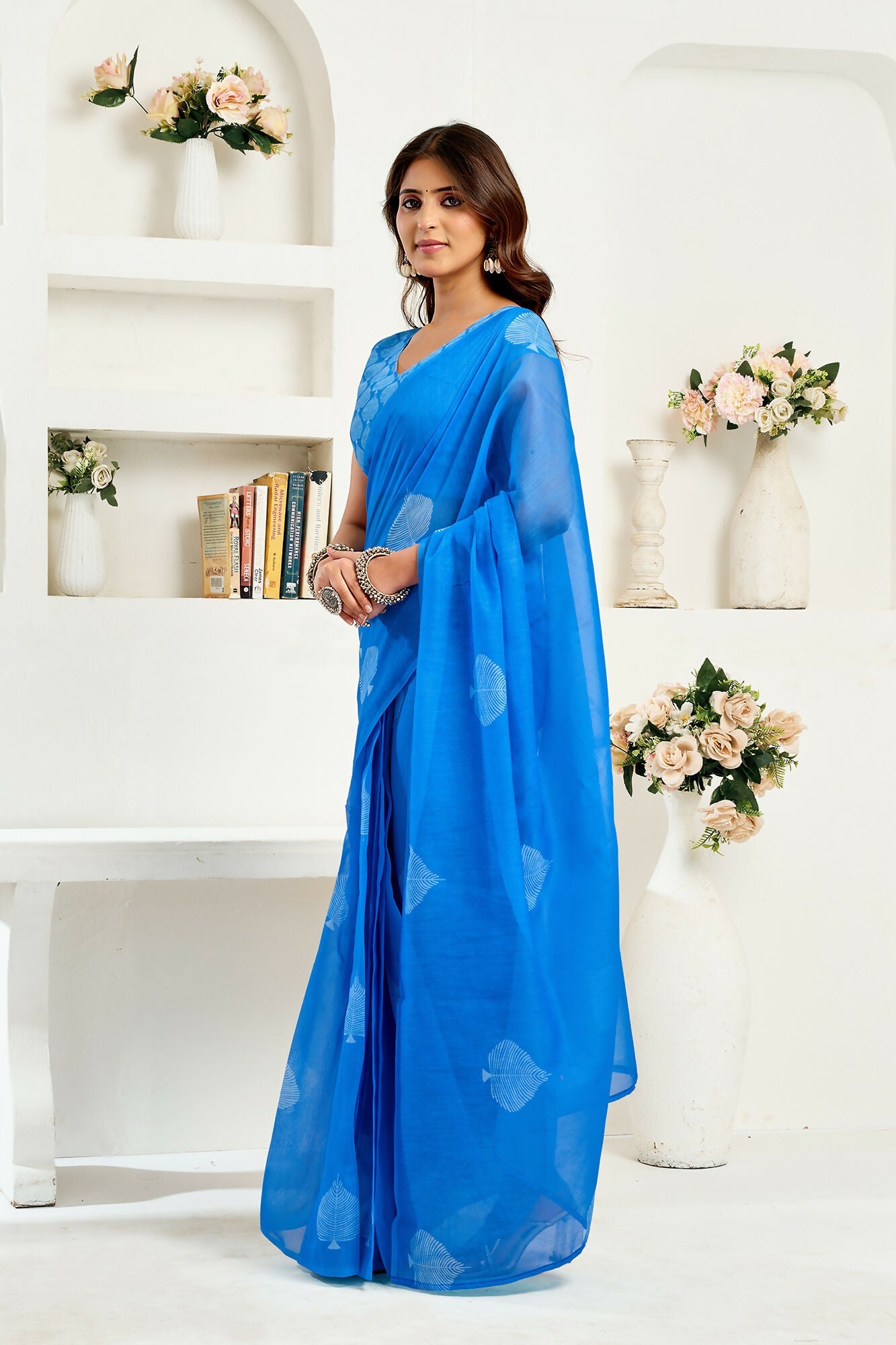 Vastranavya Blue Digital Printed Linen Ready To Wear Designer Saree with Unstitched Blouse