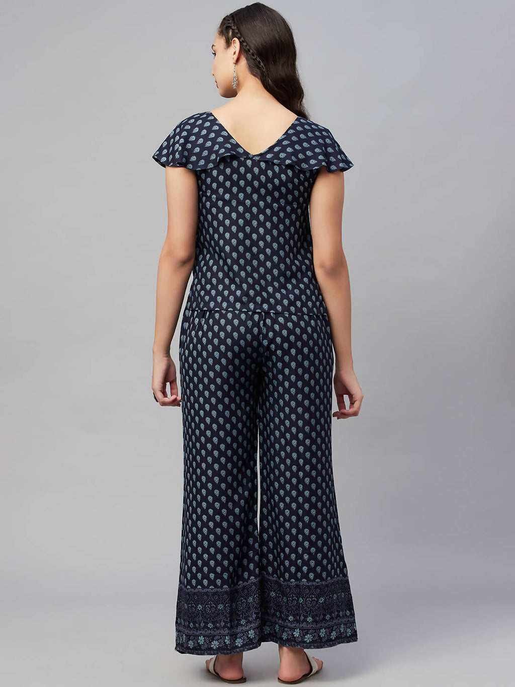 Myshka Women Blue Printed Top Palazzo Set