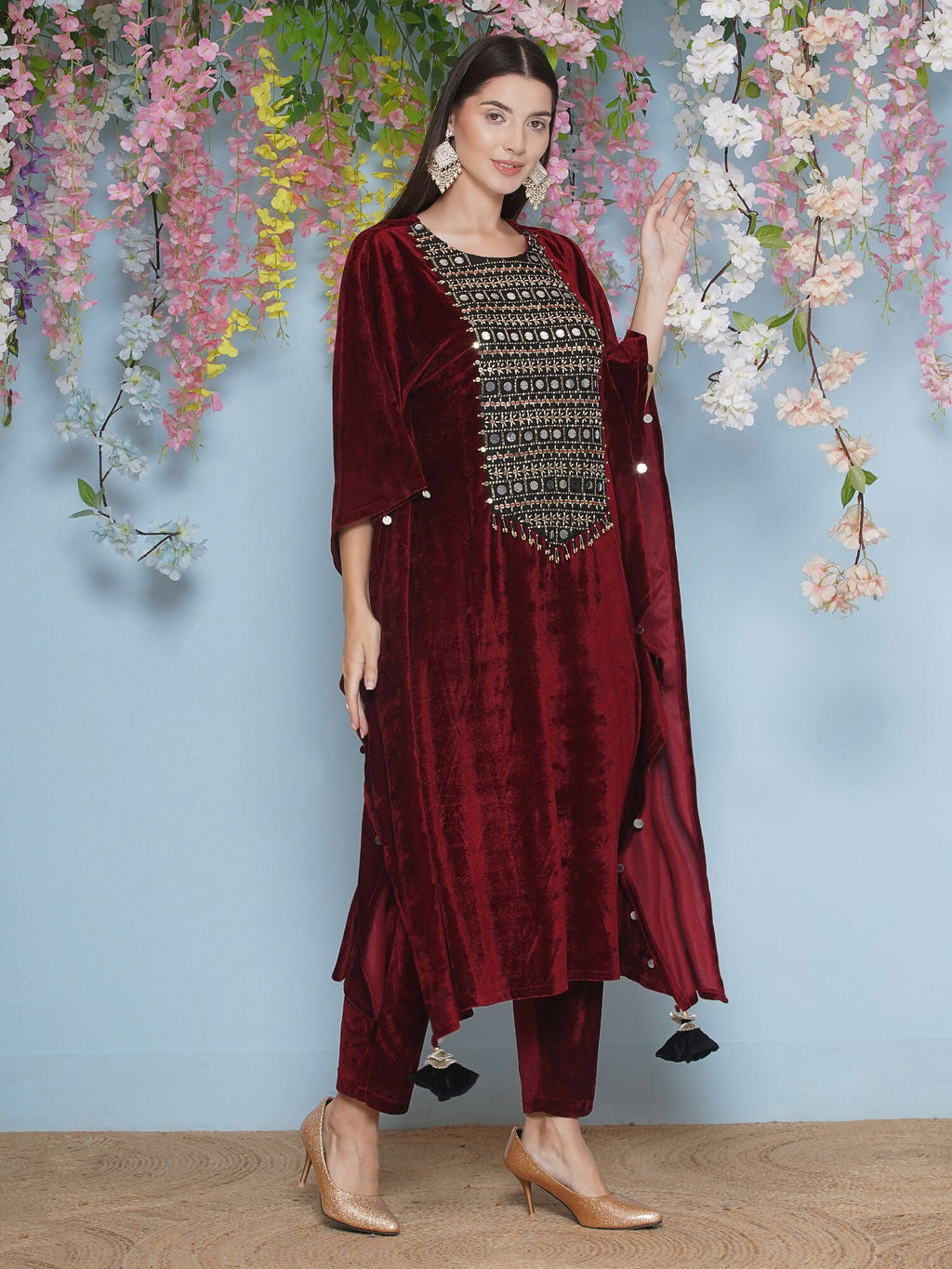 Joban Fashion Maroon Velvet Hand Embellished Kaftaan Set