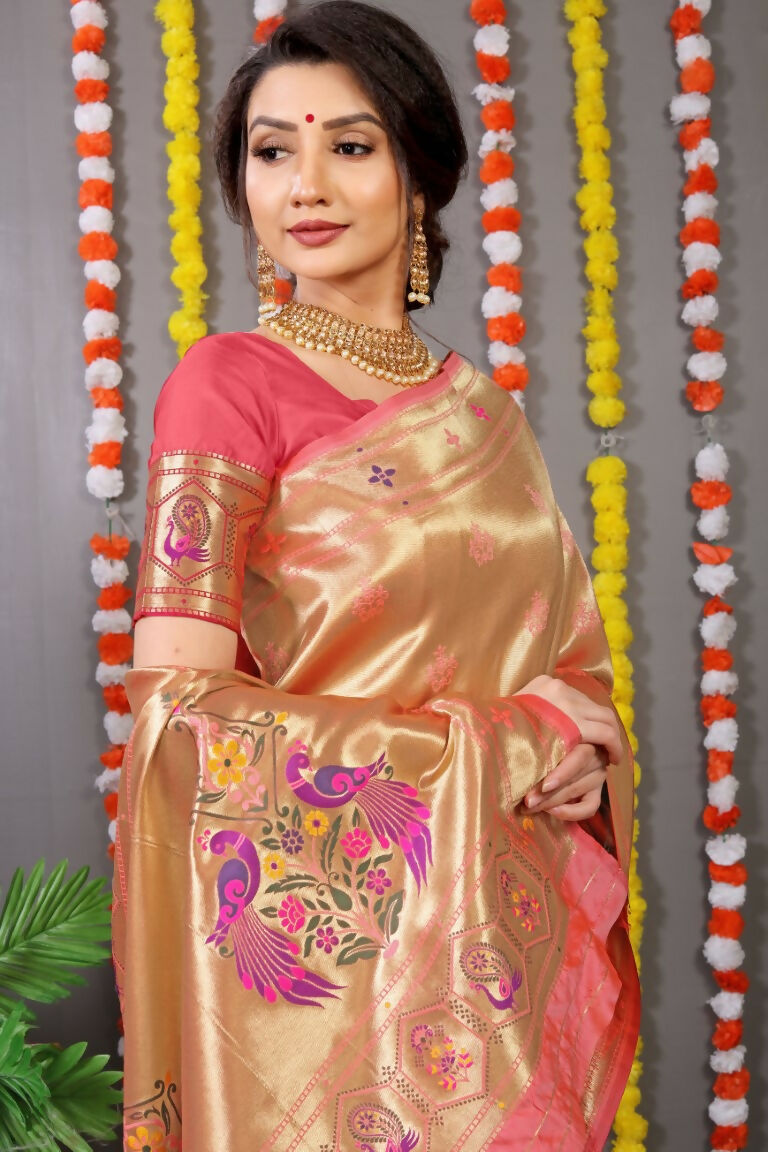 Jyoti Fashion Women's Peach Paithani Silk Zari Woven Saree with Blouse