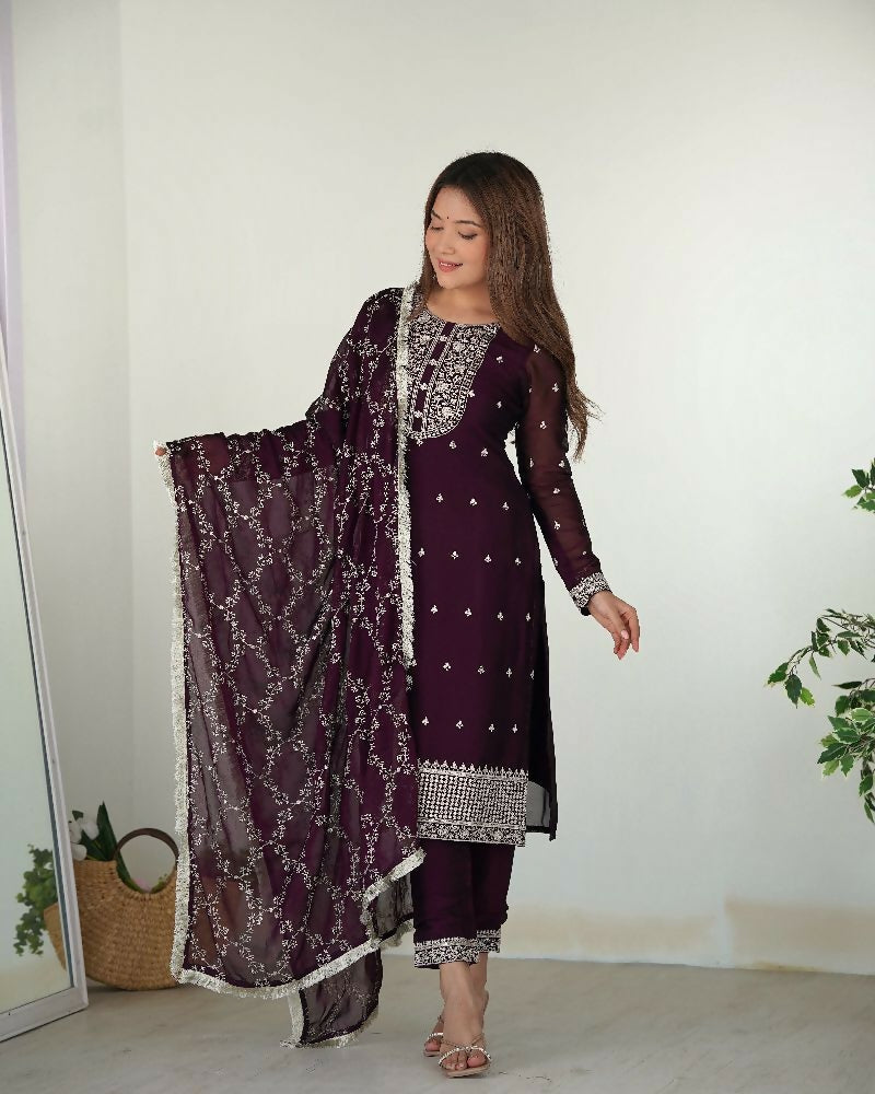 Joban Fashion Wine Kurta Set Silk Sequence Embroidery Work