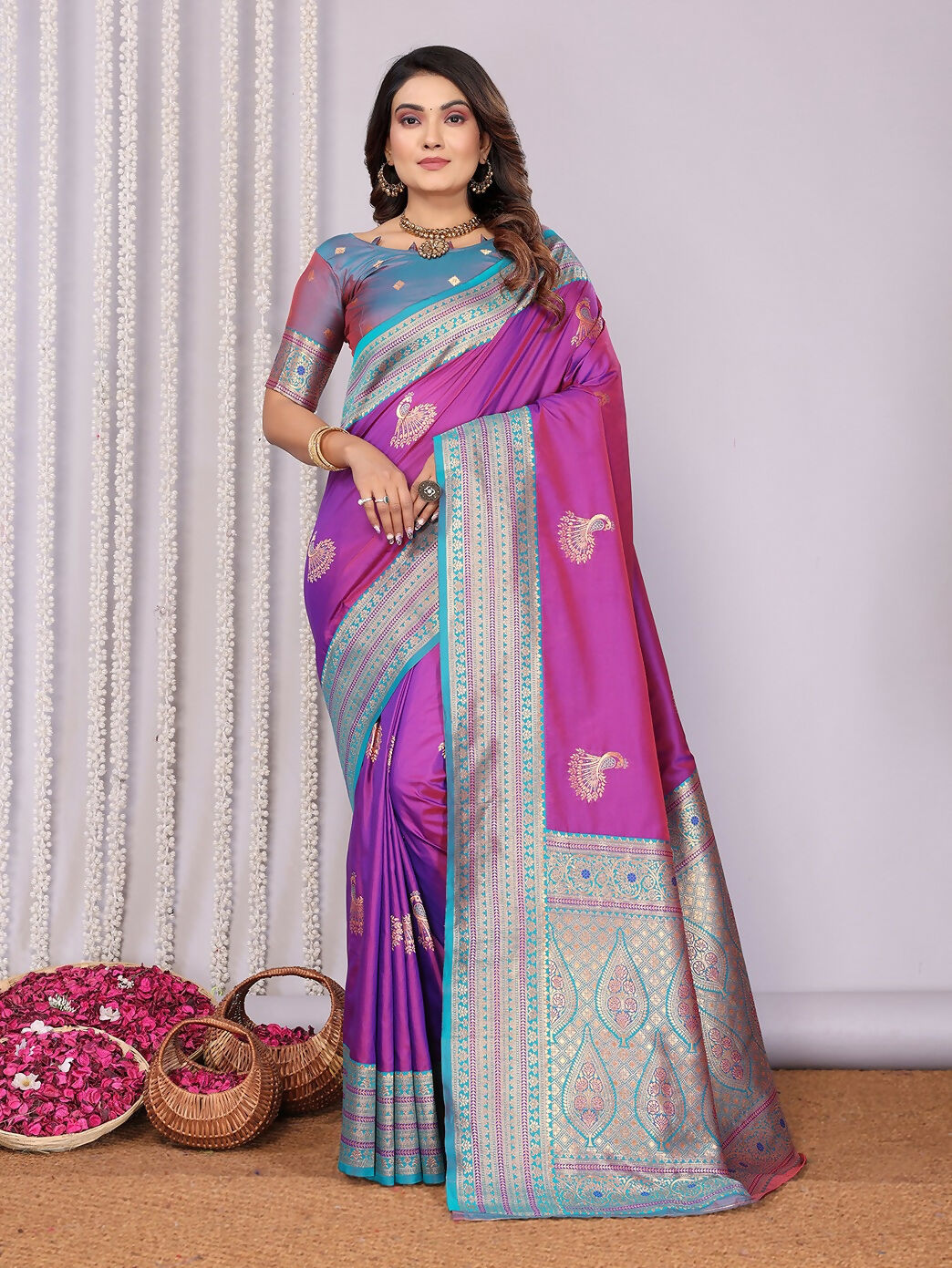 Joban Fashion Banarasi Pink Small Butti Soft Silk Saree