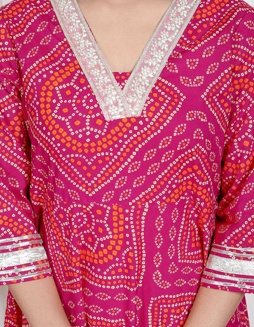 Miravan Women's Pink Cotton Bandhani Ethnic Anarkali Kurta