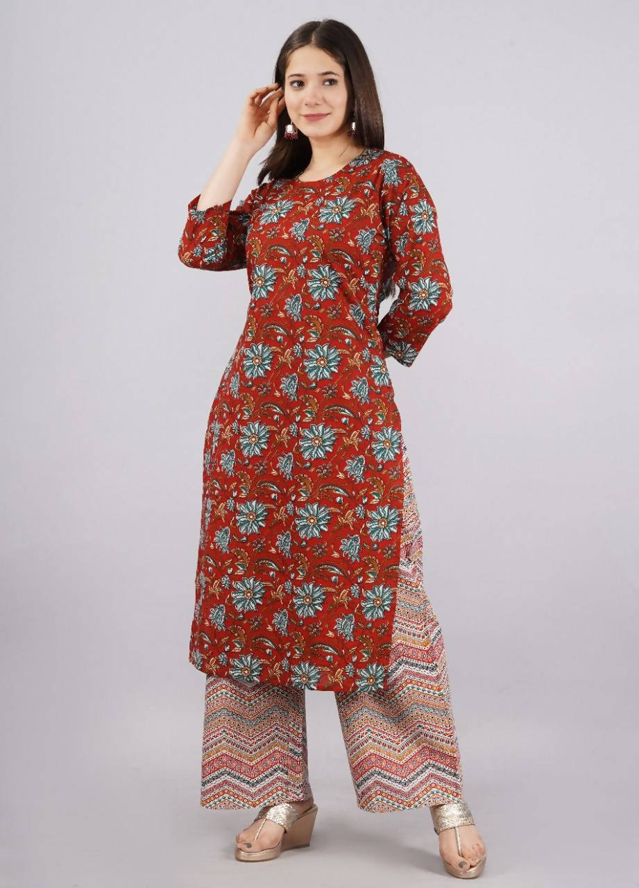 Vamika Printed Cotton Red Party Wear/Casual Wear Kurta Set/Suit