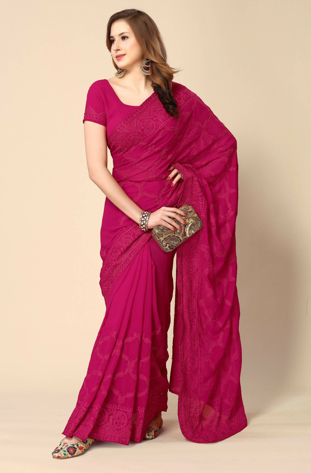Pink Georgette Embroidered and Stone Work Saree with Unstitched Blouse Piece - Roozal