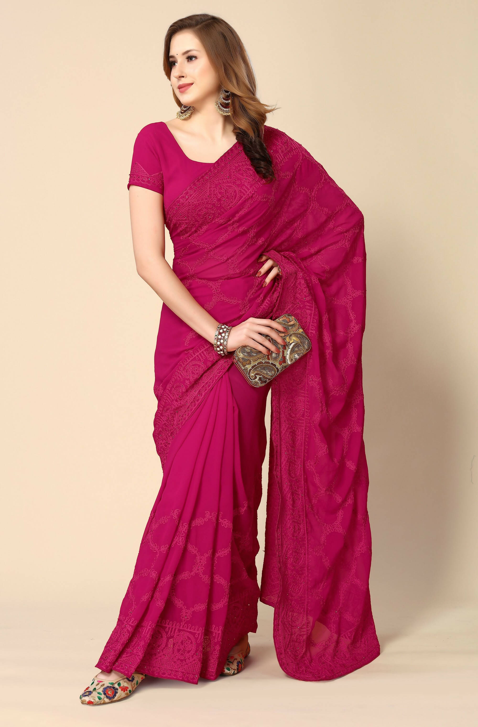 Pink Georgette Embroidered and Stone Work Saree with Unstitched Blouse Piece - Roozal