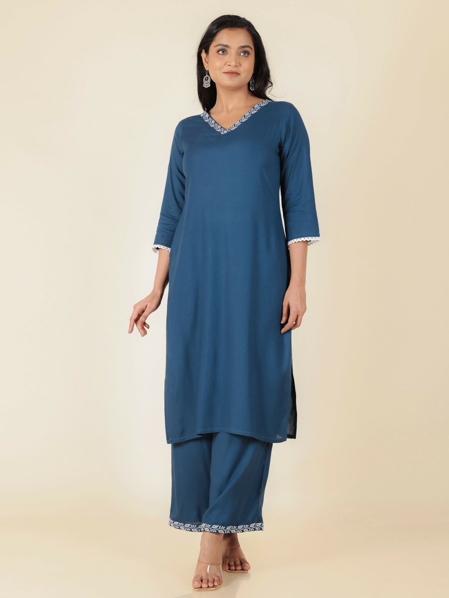 Aramya Blue Rayon Solid Print Straight Kurta Palazzo Set for Women