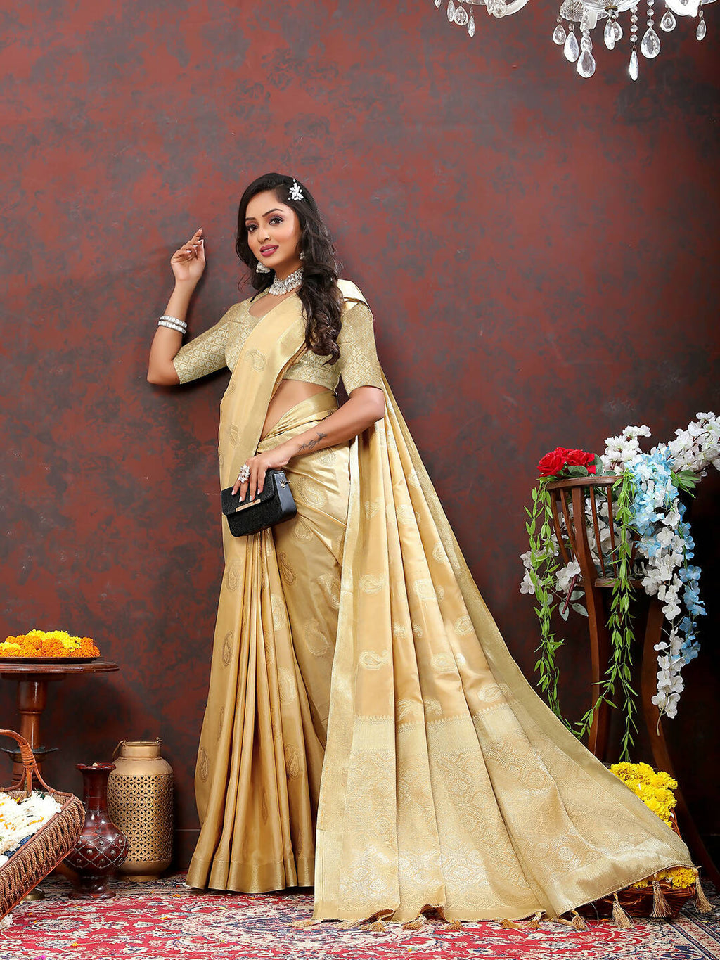 Lorenvalley Fashion Cream Cotton Woven Design with Zari Weaving Design Saree