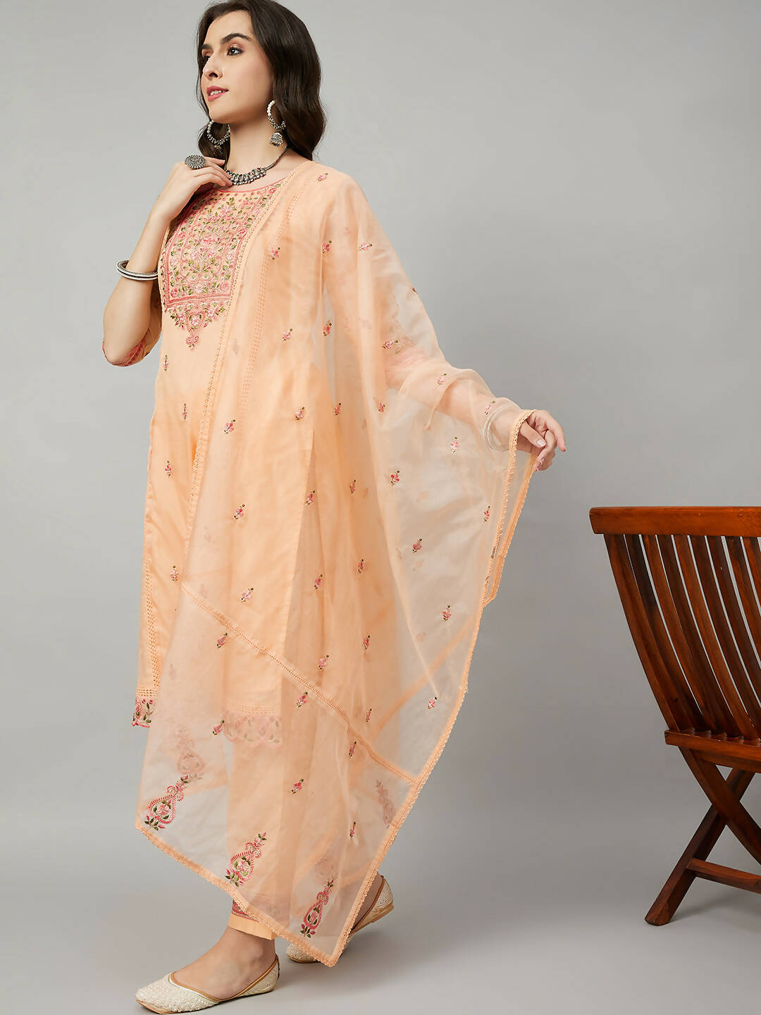 Orange Organza Embroidered Kurta with Bottom & Dupatta - Salimar