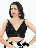 Joban Fashion Black Sequin Padded Blouse With V Neck Sleeveless