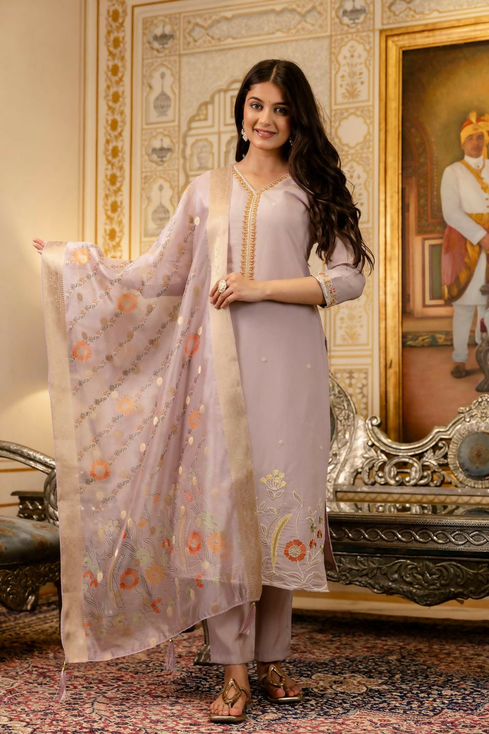 The52 Lavender Women's Beautiful Viscose Shimmer Fabric Embroidered Work Straight Kurta Pant and Dupatta Set