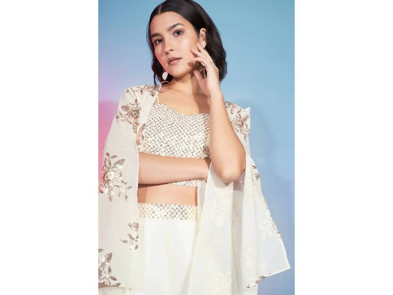 Off White Georgette Sequence With Thread Designer Co-Ord Set - Flory