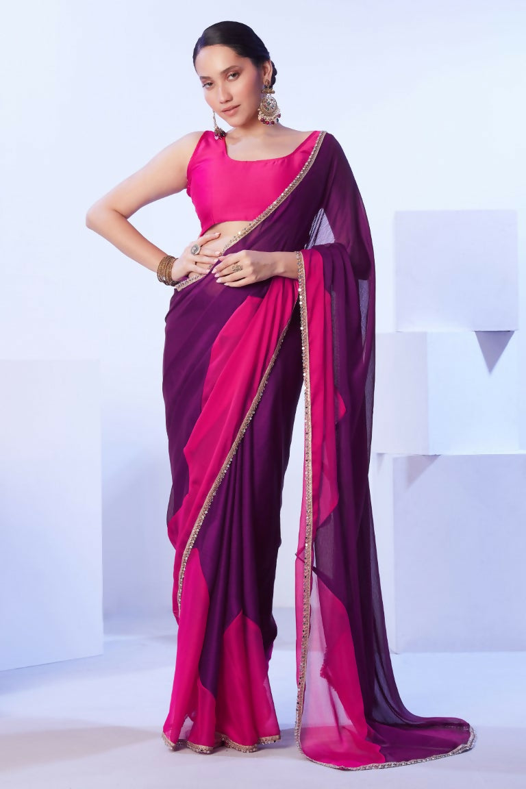 Purple Satin Moss Solid Designer & Lace Work Saree - Samaa