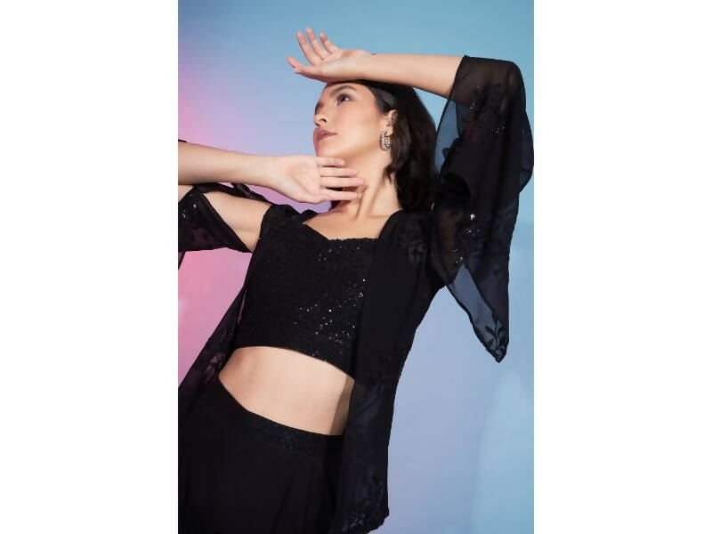 Black Georgette Sequence With Thread Designer Co-Ord Set - Flory