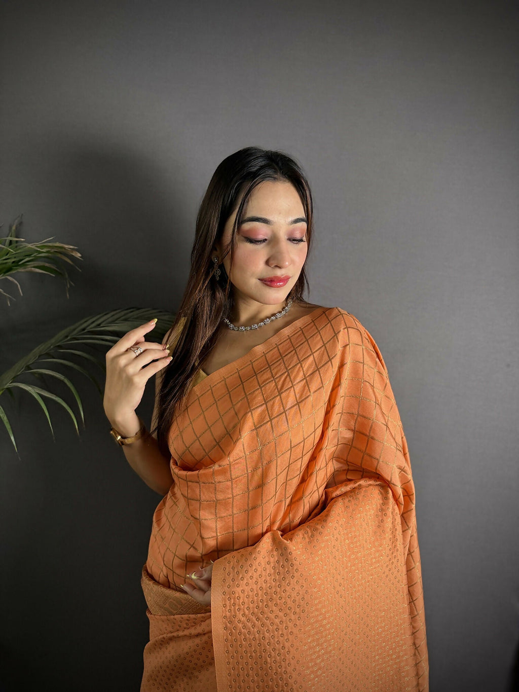 Joban Fashion Orange Banarasi Soft Lichi Silk Checks & Woven Saree