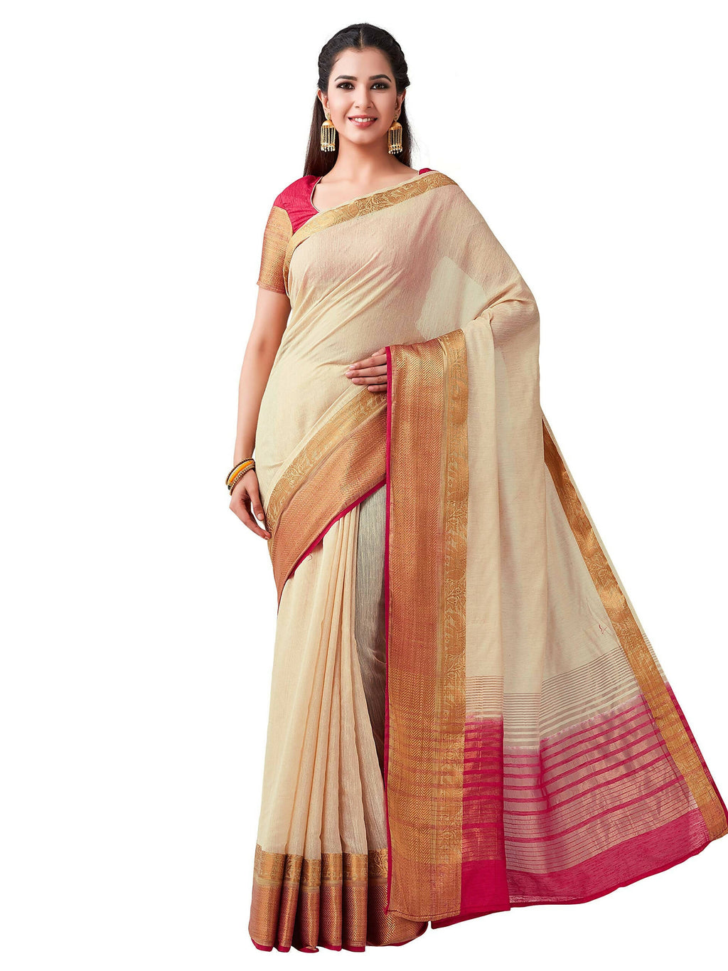 Mimosa Women's Beige Kanchipuram Linen Saree
