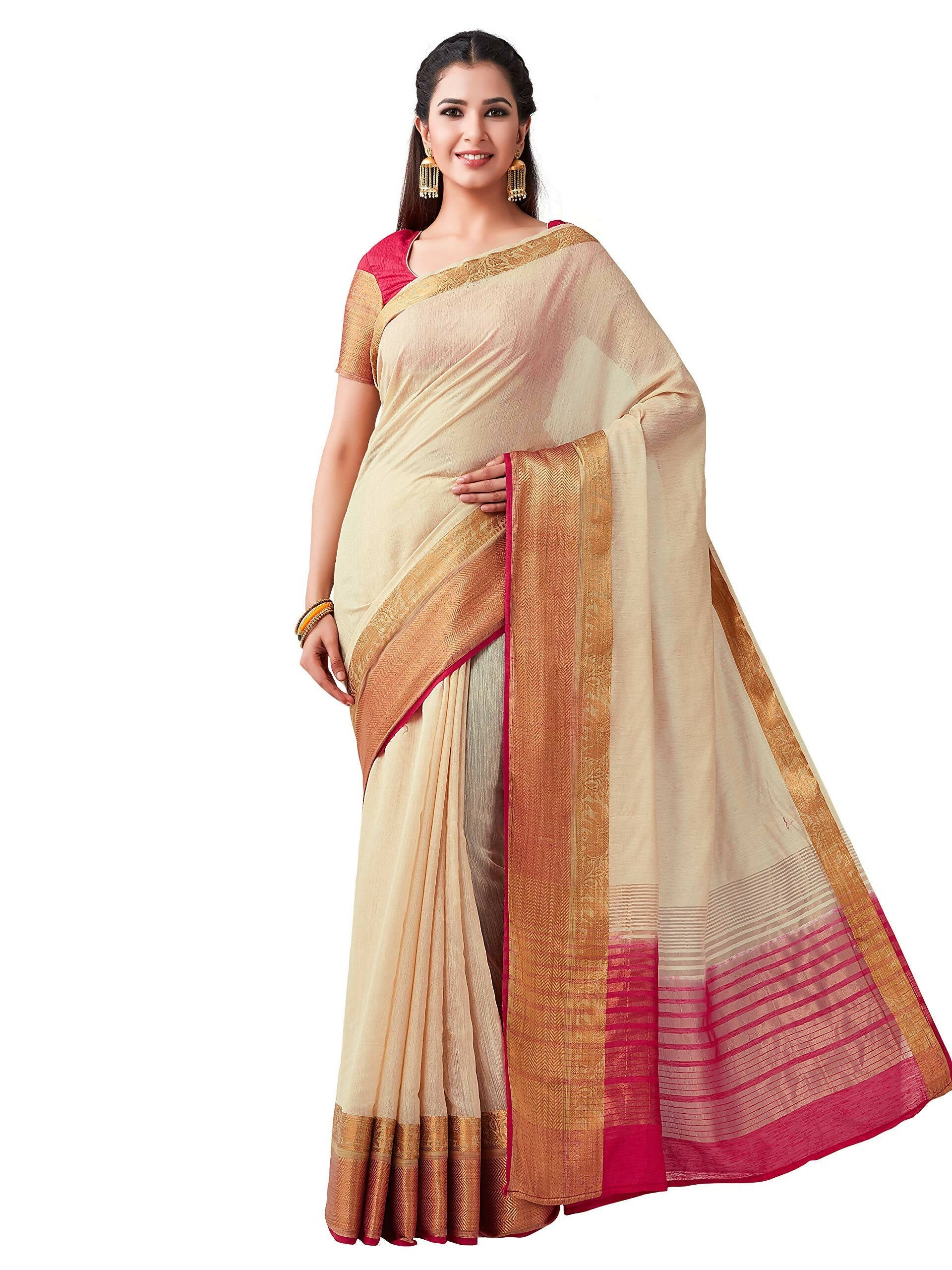 Mimosa Women's Beige Kanchipuram Linen Saree