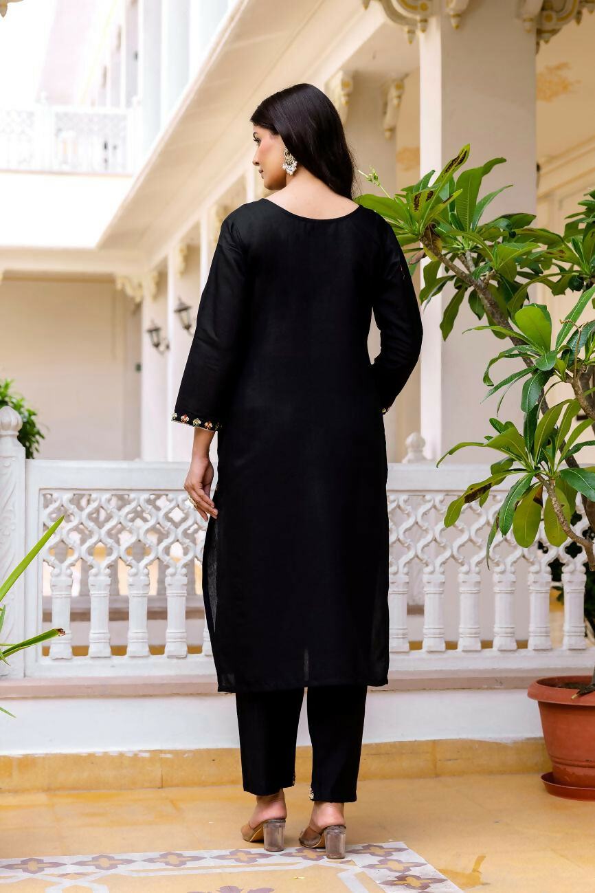 The52 Black Women's Beautiful Viscose Chanderi Fabric Embroidered Work Straight Kurta Pant and Dupatta Set