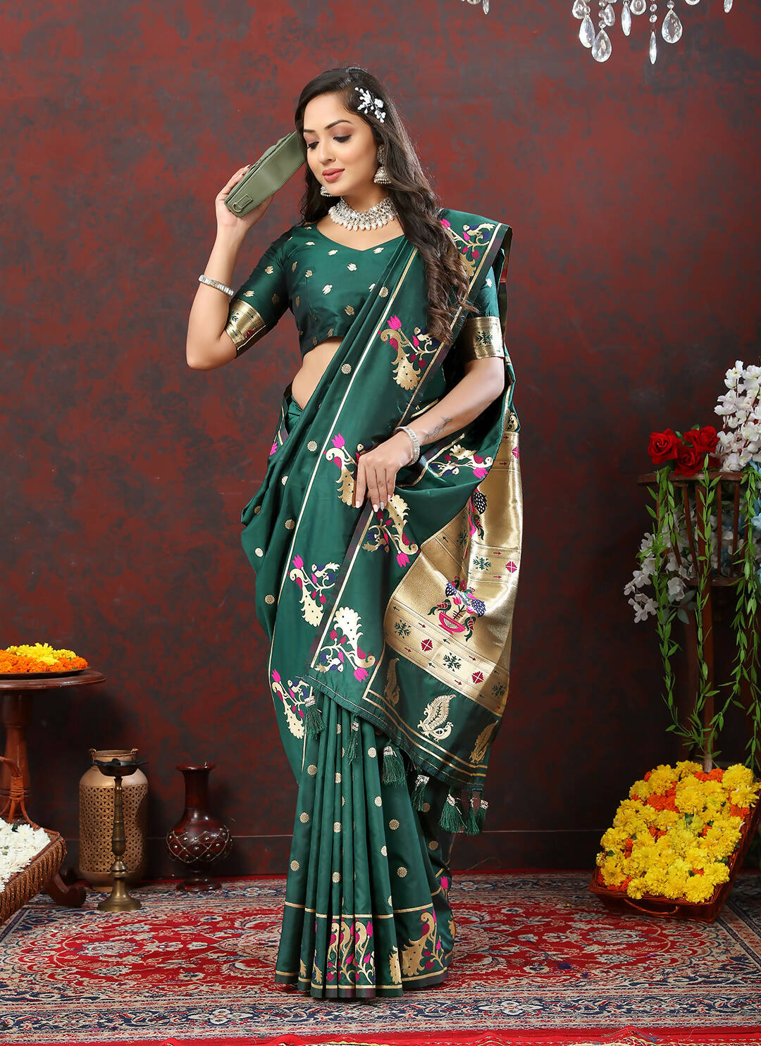 Lorenvalley Fashion Green Soft Paithani Silk Woven Design Gold Zari Meenakari Weaving Saree