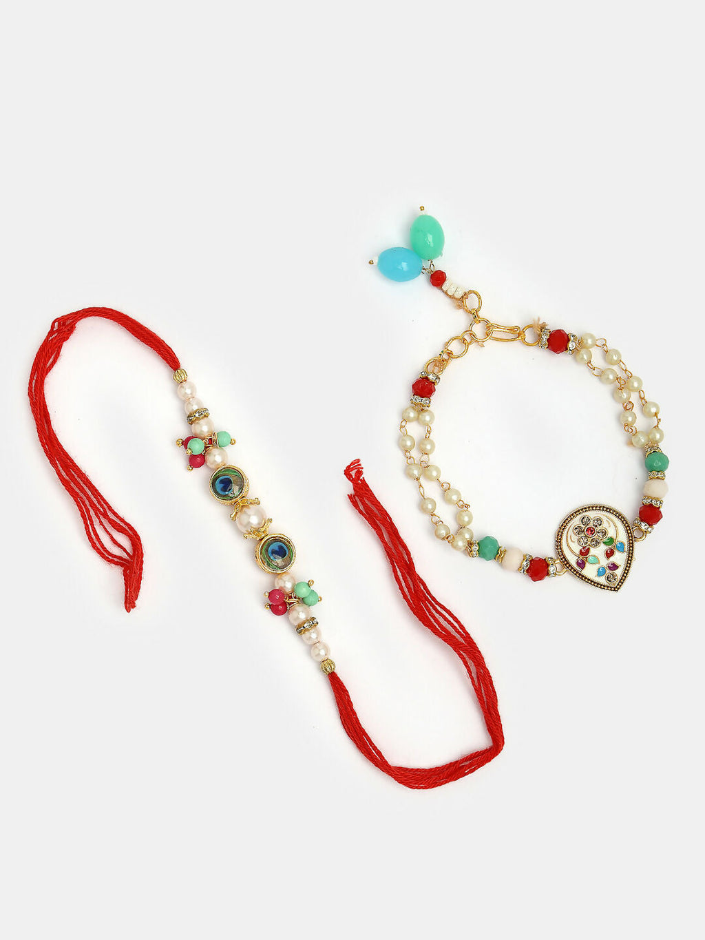 NVR Women & Men Set of 2 Multicolor Artificial Beads Bhaiya Bhabhi Rakhi With Roli Chawal & Chocolate
