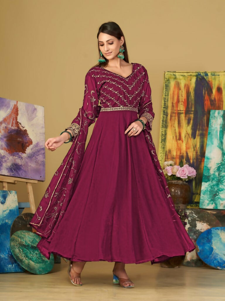Jyoti Fashion Women's Rani Pink Georgette Embroidered Anarkali Kurta Pant Set With Dupatta