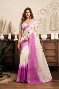 Vastranavya White Lavender Digital Printed Linen Ready To Wear Designer Saree with Unstitched Blouse