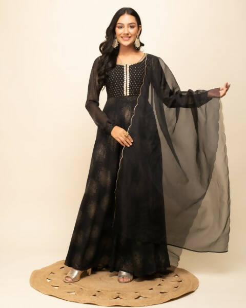 FIORRA Women's Black Georgette Flared Kurta With Dupatta