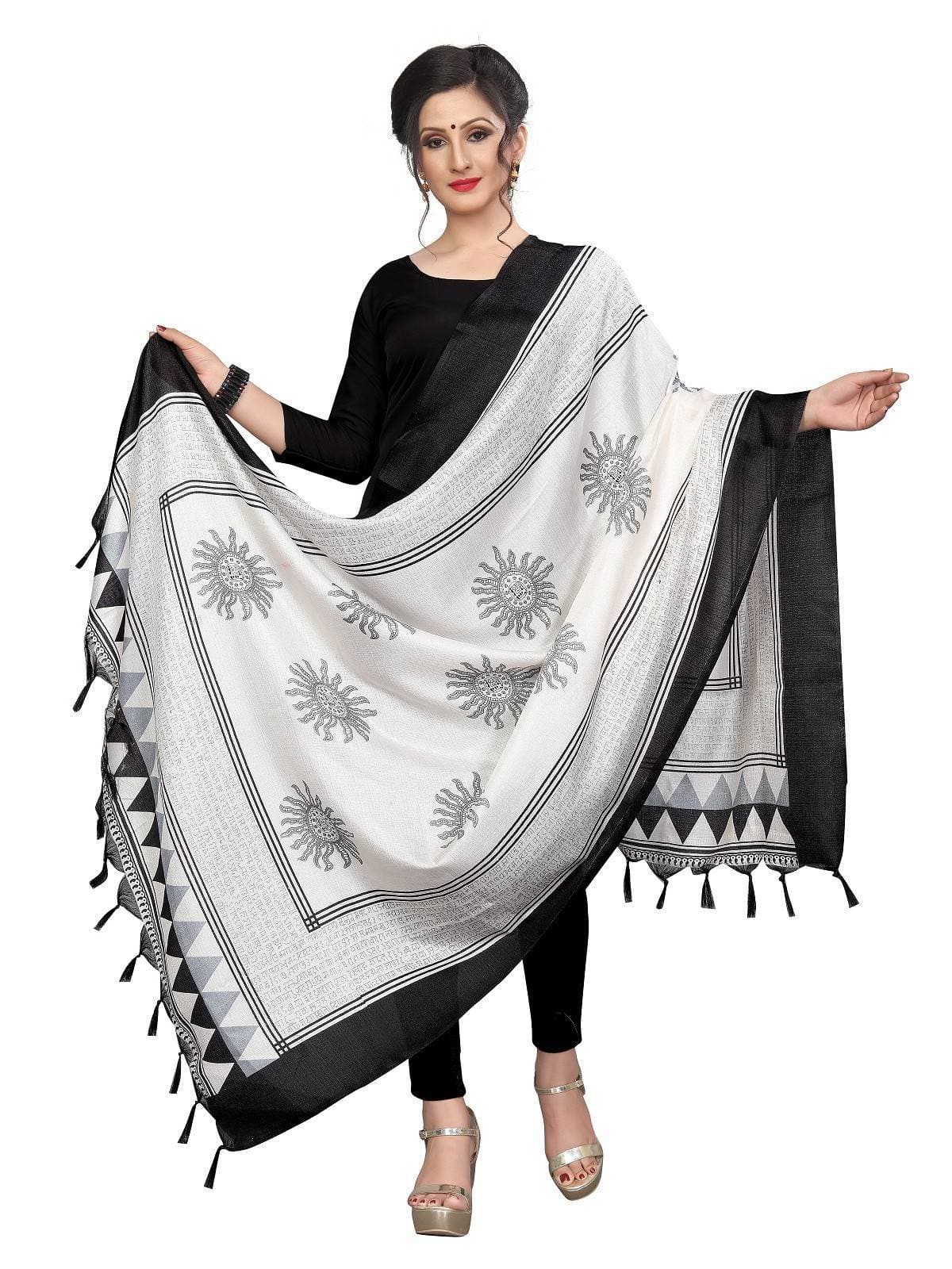Vamika white and Black Printed Khadi Bhagalpuri Dupatta