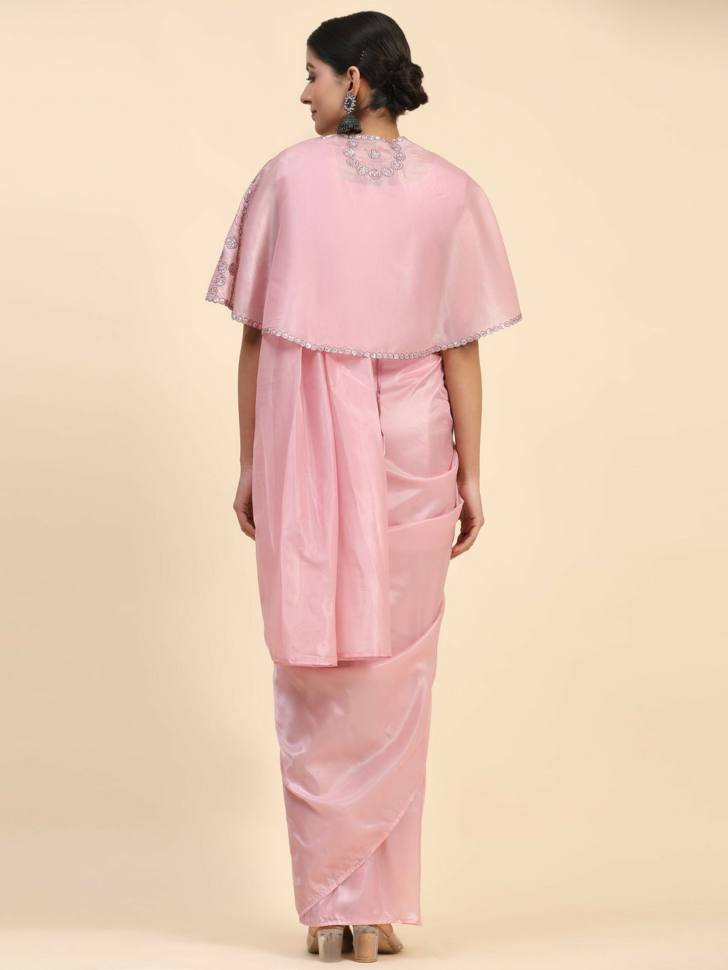 Pink Satin Solid Ready to wear Saree with stitched Blouse - Vanita