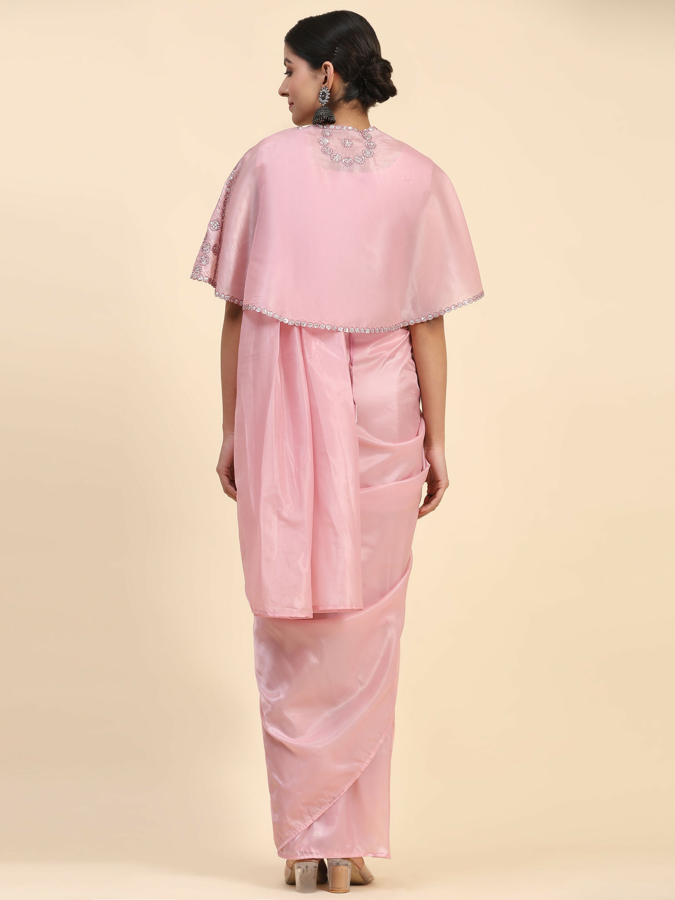 Pink Satin Solid Ready to wear Saree with stitched Blouse - Vanita
