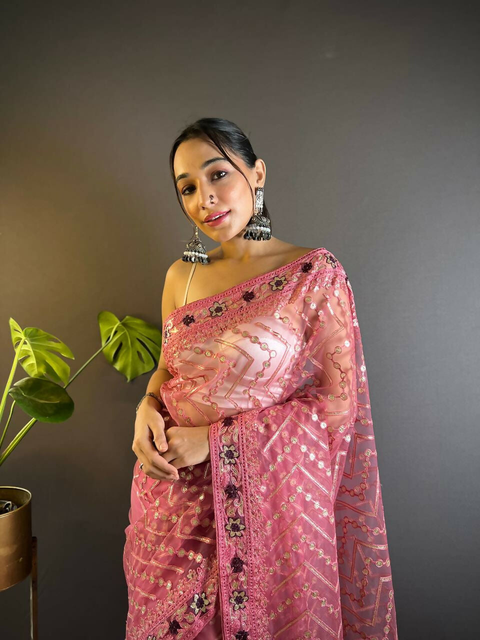 Vastranavya Butterfly Net Designer Chain Stitch Embroidery Work with Foil Thread & Stone Work Saree with Blouse Material - Pink