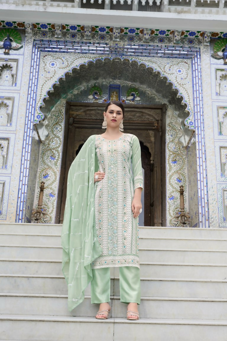 Jyoti Fashion Women's Sea Green Faux Georgette Heavy Embroidery and Moti Work Kurta Set