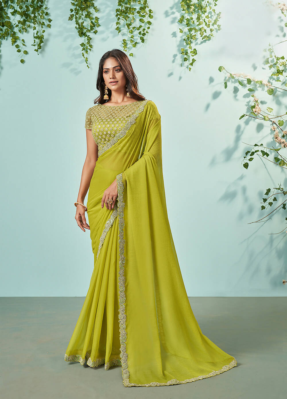 Green Barbarie Chiffon Solid Saree With Unstitched Blouse Piece - Norita Ikshita