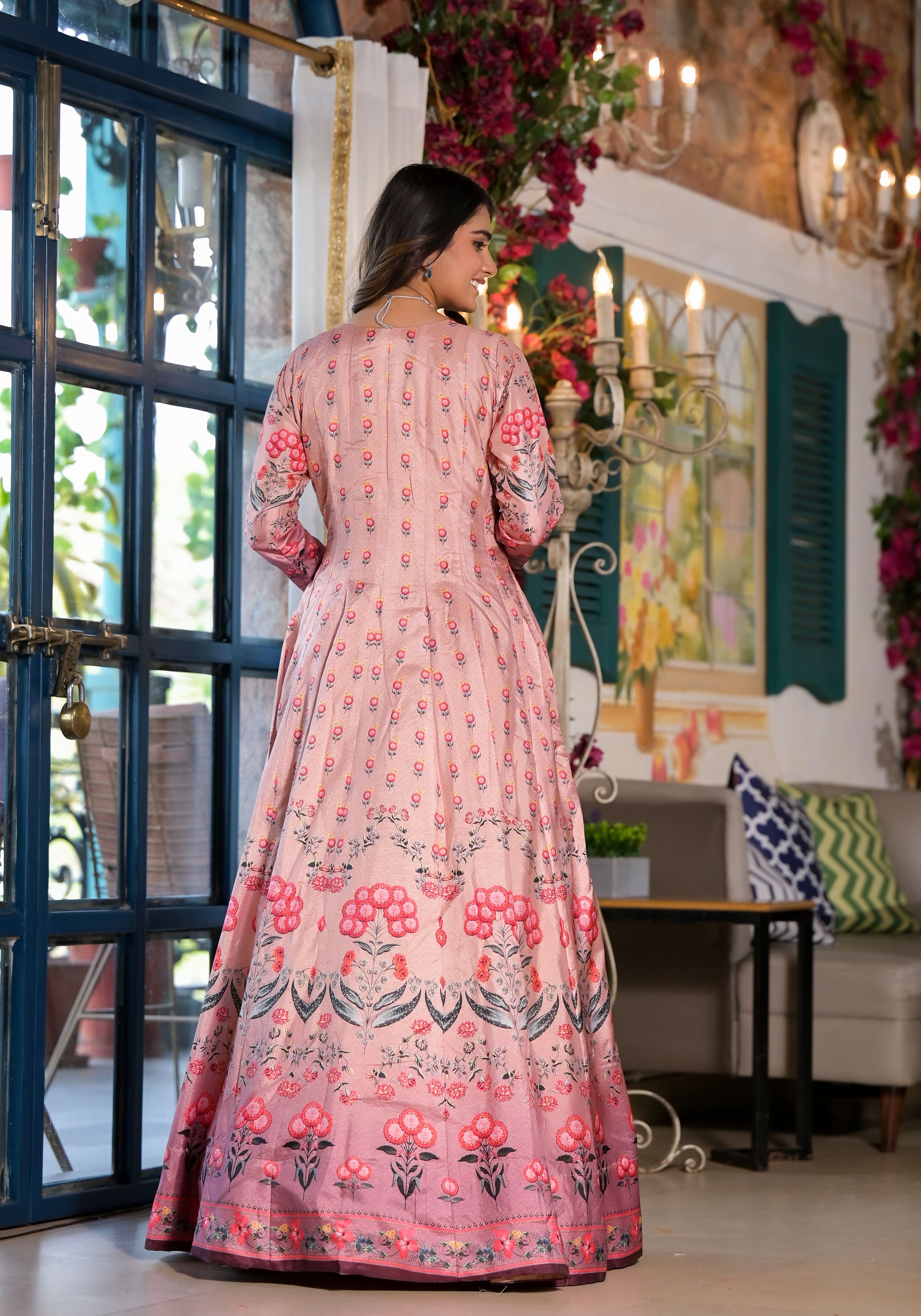 Partywear Designe rPeach Dola Silk Anarkali suit with Dupatta - Samyukta