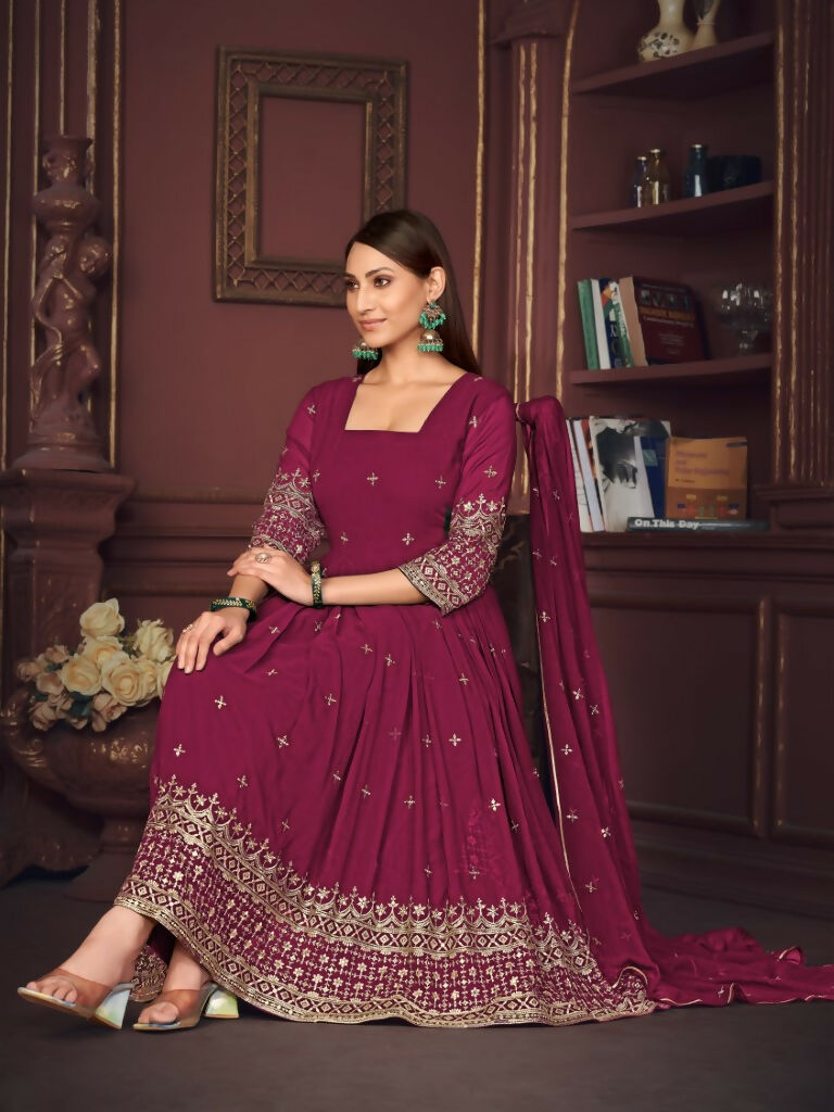 Jyoti Fashion Women's Rani Pink Georgette Embroidered Anarkali Kurta Pant Set With Dupatta
