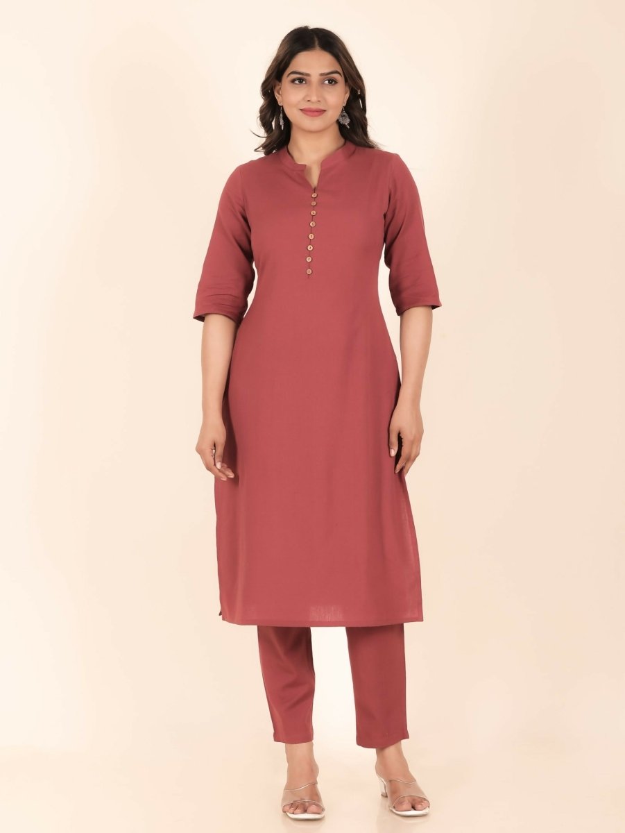 Aramya Pink Linen Cotton Solid Print Straight Kurta Set for Women