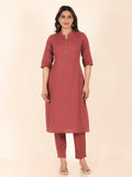 Aramya Pink Linen Cotton Solid Print Straight Kurta Set for Women