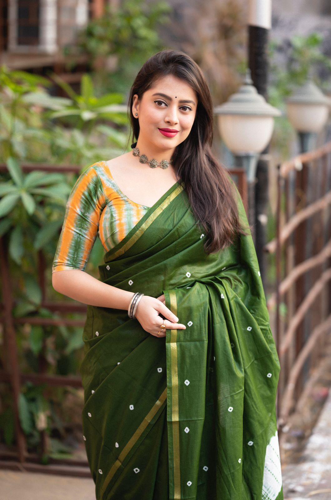 Mehndi Chanderi Cotton Block Print Saree with Unstitched Blouse - Hiral Fashion