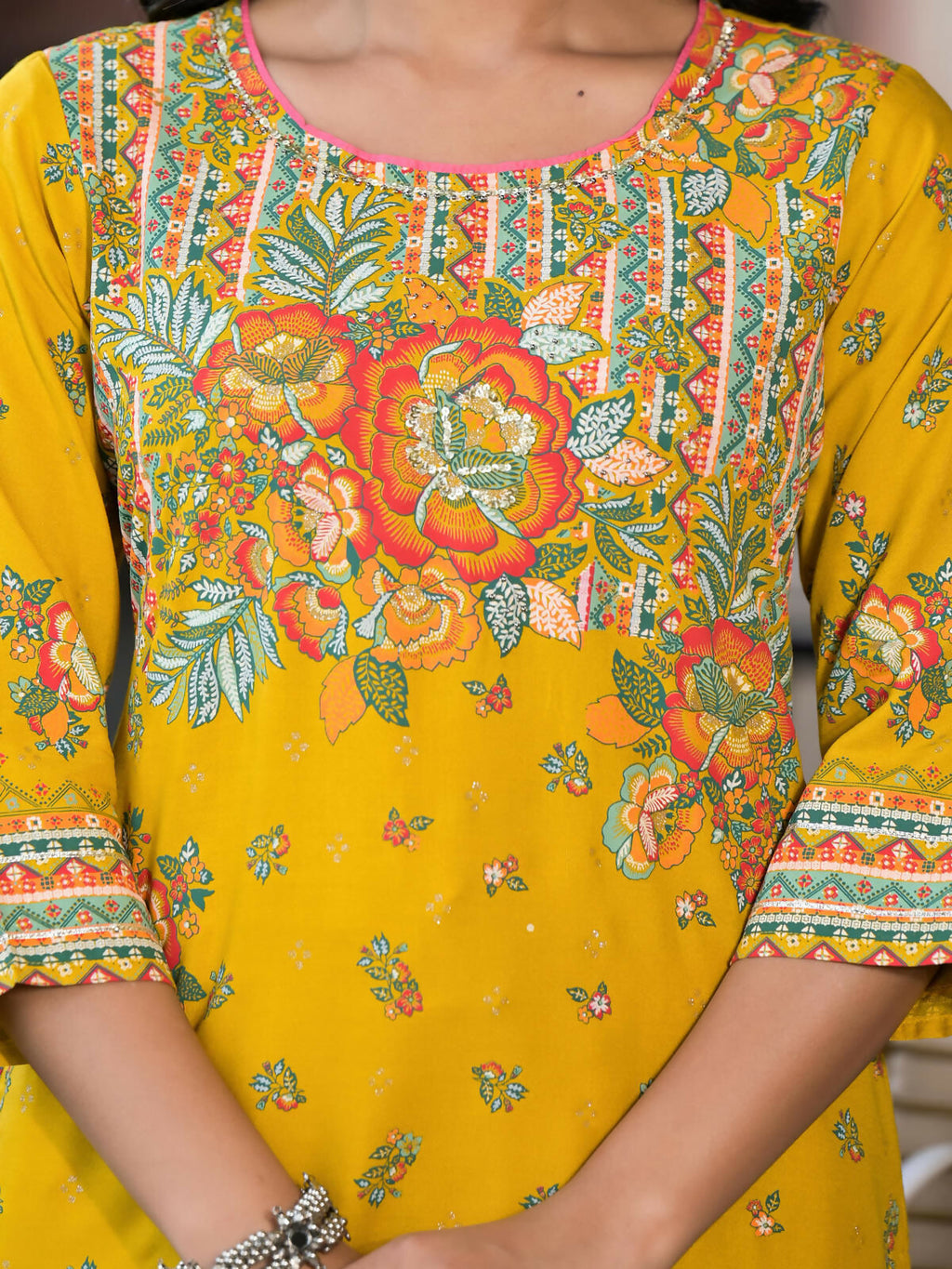 Juniper Women's Mustard Floral Printed Liva Rayon Kurta Pant And Dupatta Set With Sequins